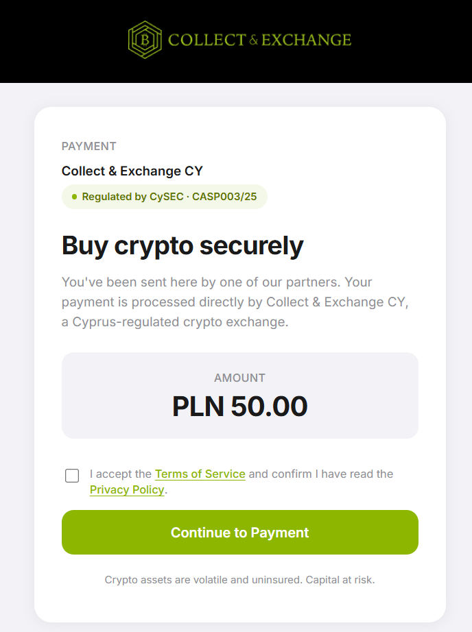 Bramka płatności Collect and Exchange po wyborze BLIK w Mostbet — kwota w PLN i przycisk Continue to Payment